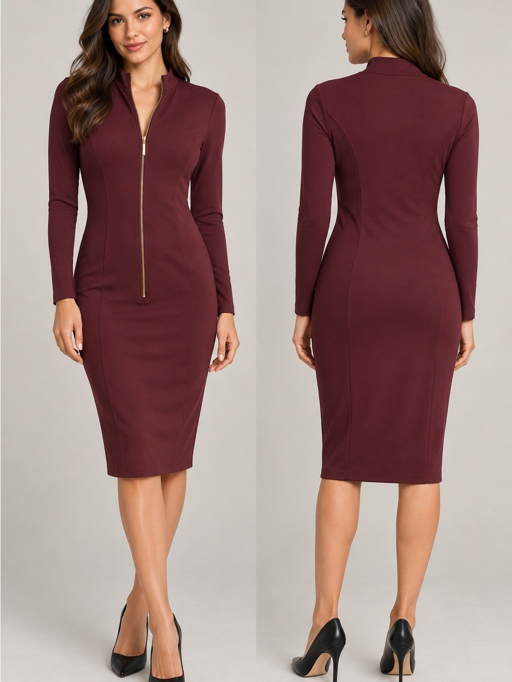 Kensie Burgundy Gold-Zip Long-Sleeve Ponte Midi Dress